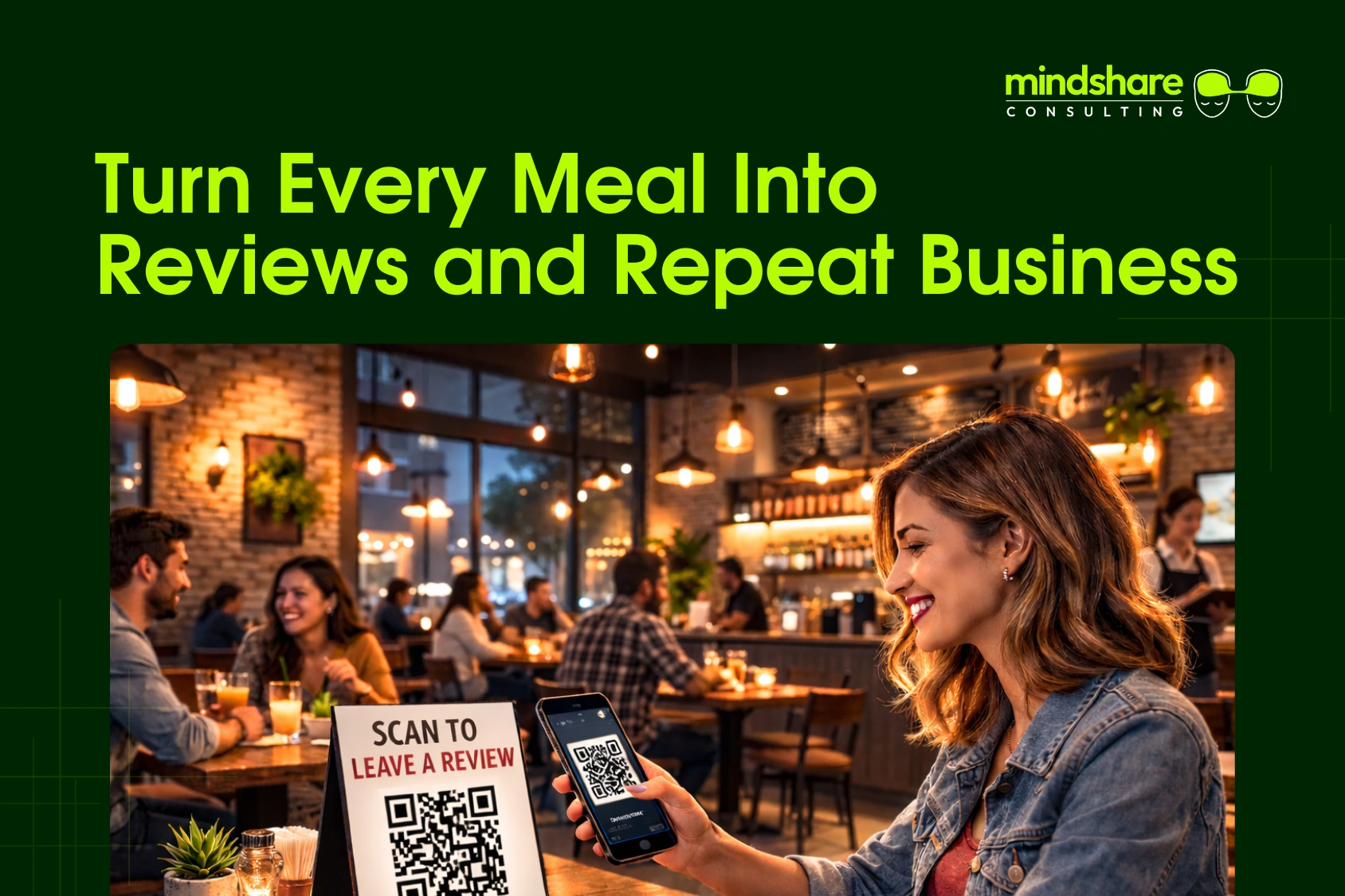 Customer scanning QR code on table at trendy Austin restaurant to leave a