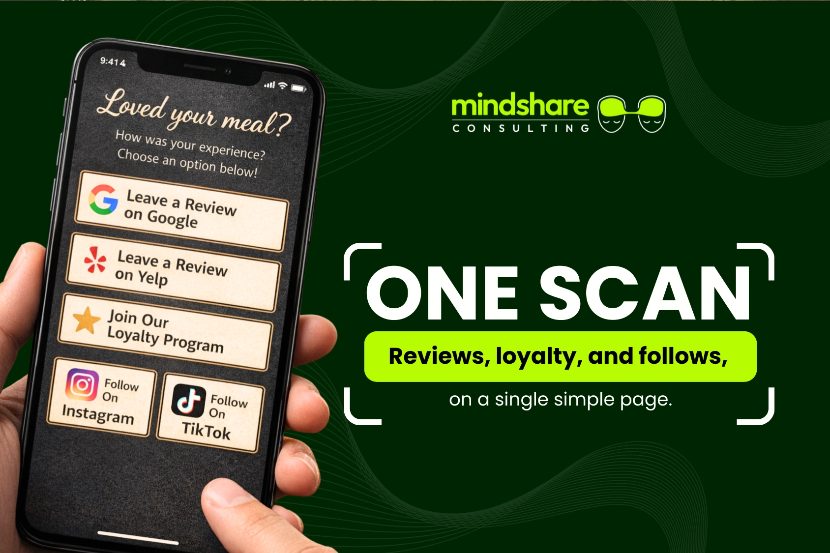 Phone screen showing landing page with buttons for Google reviews, loyalty, and social follow