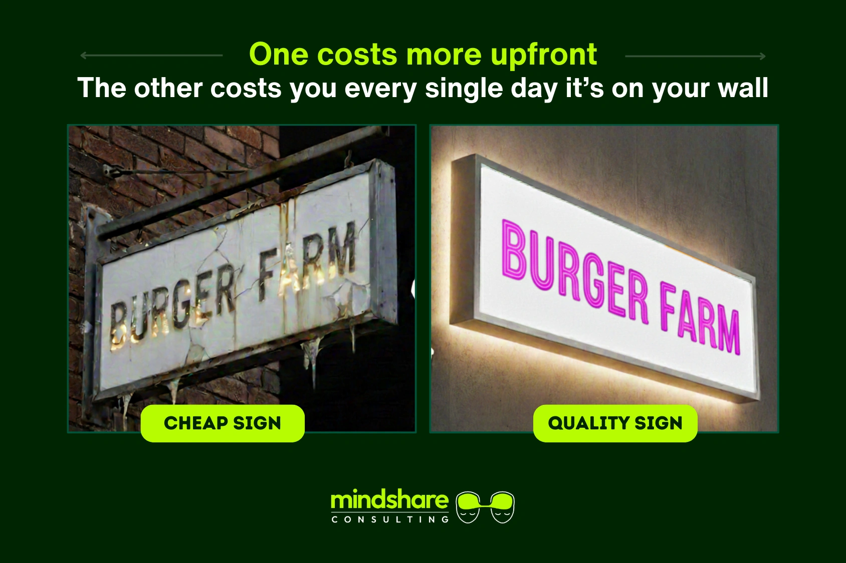 Split image of a cheap faded sign and a crisp quality sign showing long-term cost difference