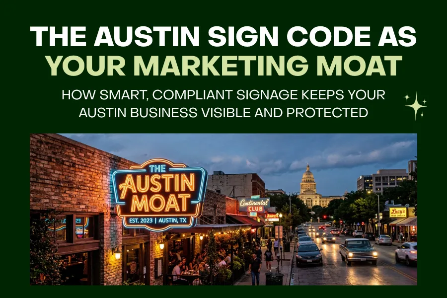Austin storefront with a bold, compliant sign standing out on a busy street