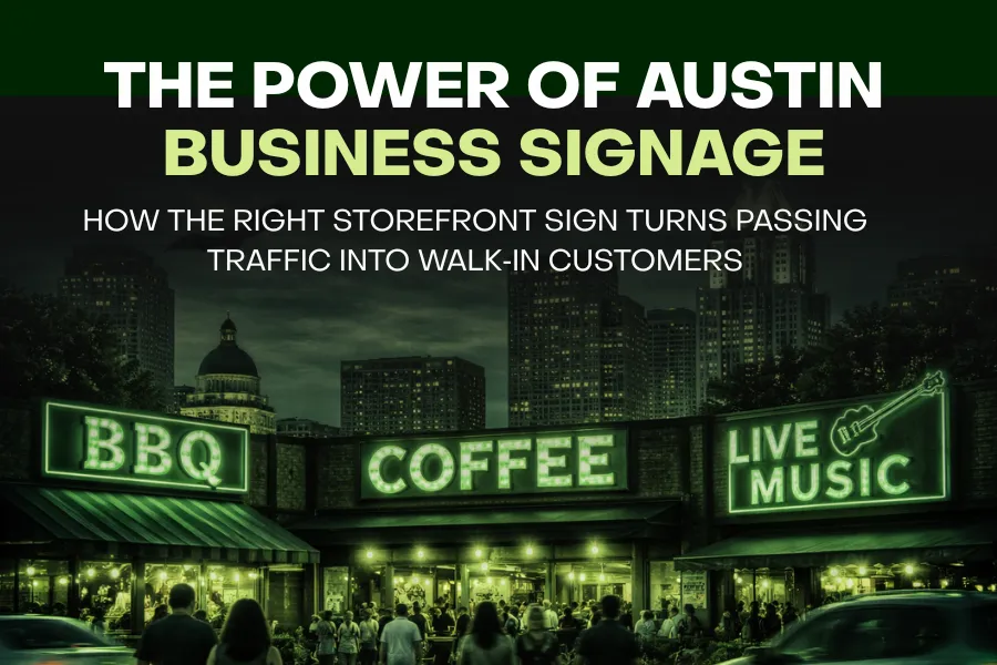 Austin storefront with a clear, modern business sign attracting people walking by
