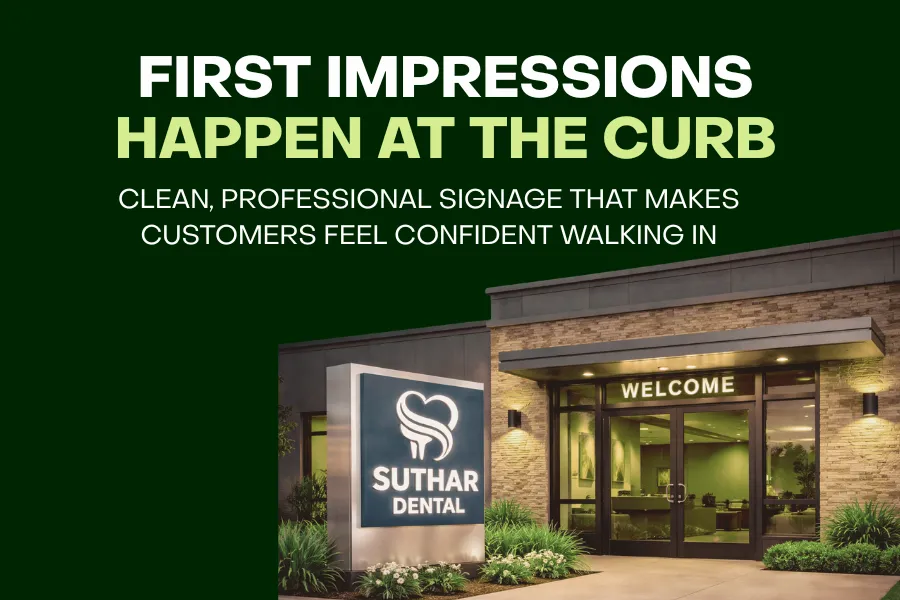 Close‑up of a polished storefront sign above a welcoming entrance