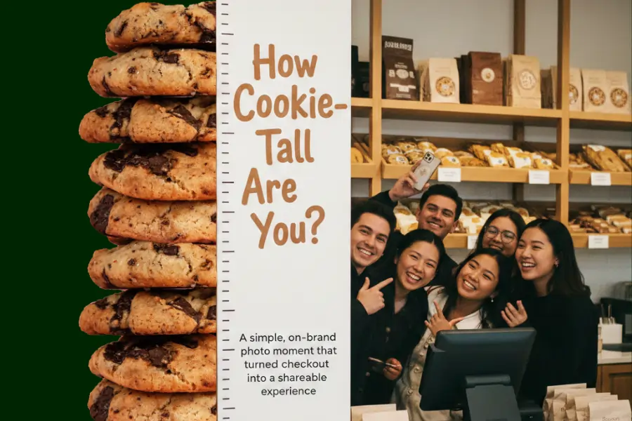 Customers posing by a cookie‑height measurement banner at the counter in a cookie shop