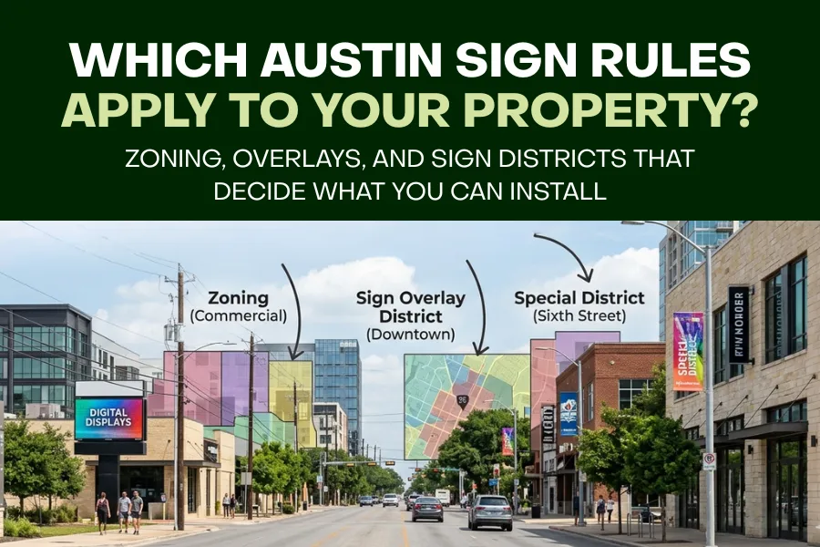 Map of Austin with highlighted corridors and a pin marking a business location