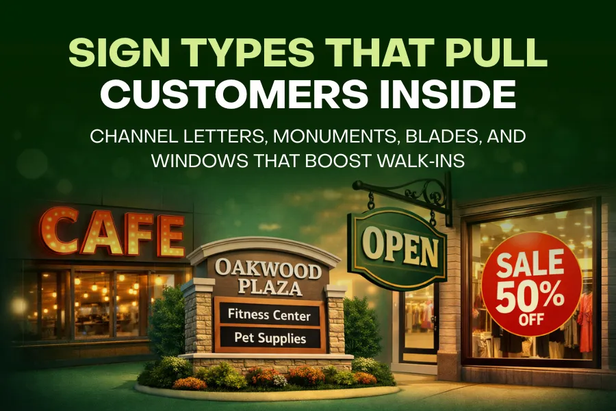 Mix of channel letter, monument, blade, and window graphic signs on Austin businesses