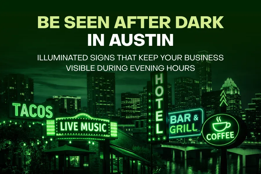 Nighttime view of an illuminated storefront sign glowing on a busy street