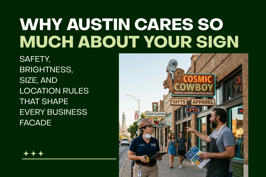 Row of Austin businesses showing different sign sizes and lighting at dusk