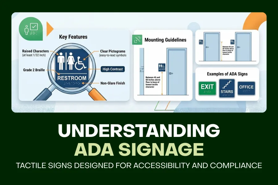 ADA tactile signage with raised letters and braille for accessible navigation
