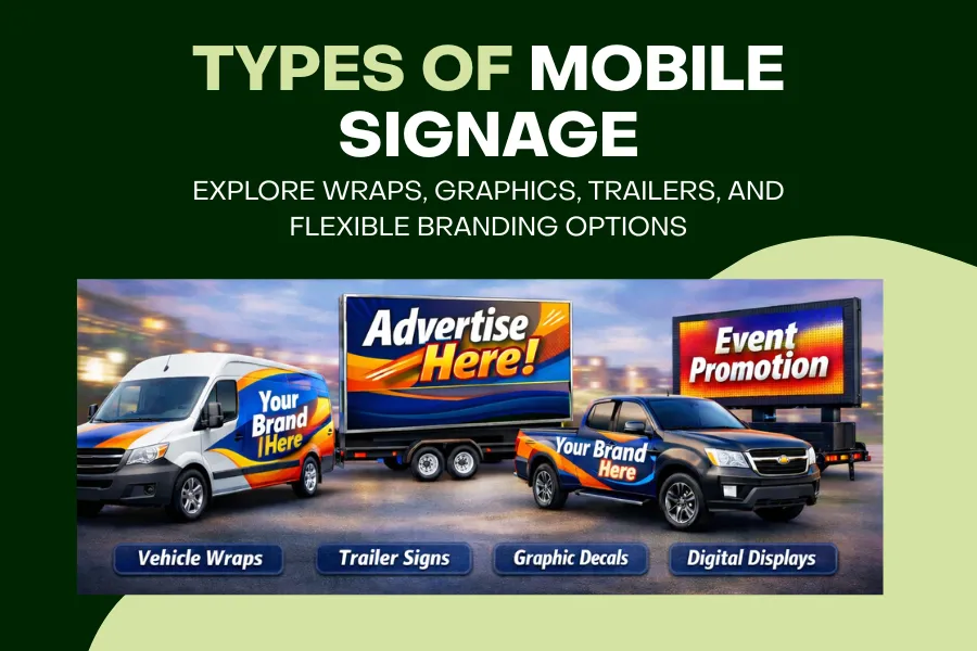 Different types of mobile signage including vehicle wraps graphics and trailer signs