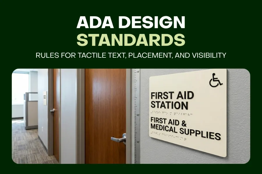 High contrast ADA braille sign with proper tactile text and compliant design