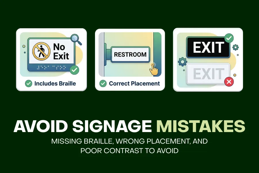 Non compliant braille signage with poor contrast and incorrect placement