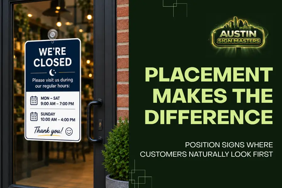 Business closure signage placed near storefront entrance and parking area