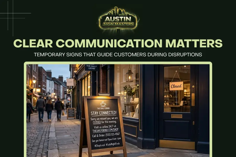 Business entrance using temporary after hours signage for customer communication