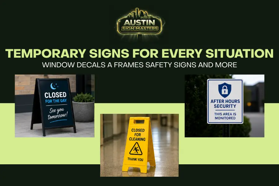 Different temporary business signs including A frame and directional signage