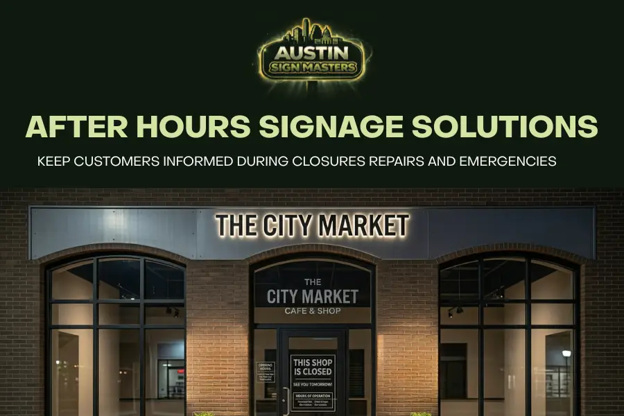 Temporary after hours business signage displayed during emergency closure and repairs