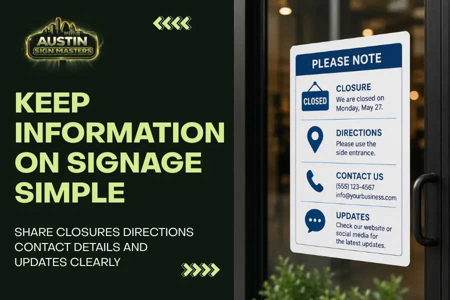 Temporary closure sign displaying business hours and contact information