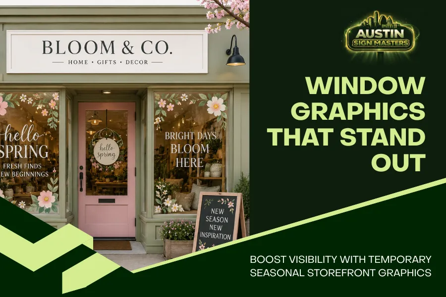 Business storefront using seasonal window graphics for promotions