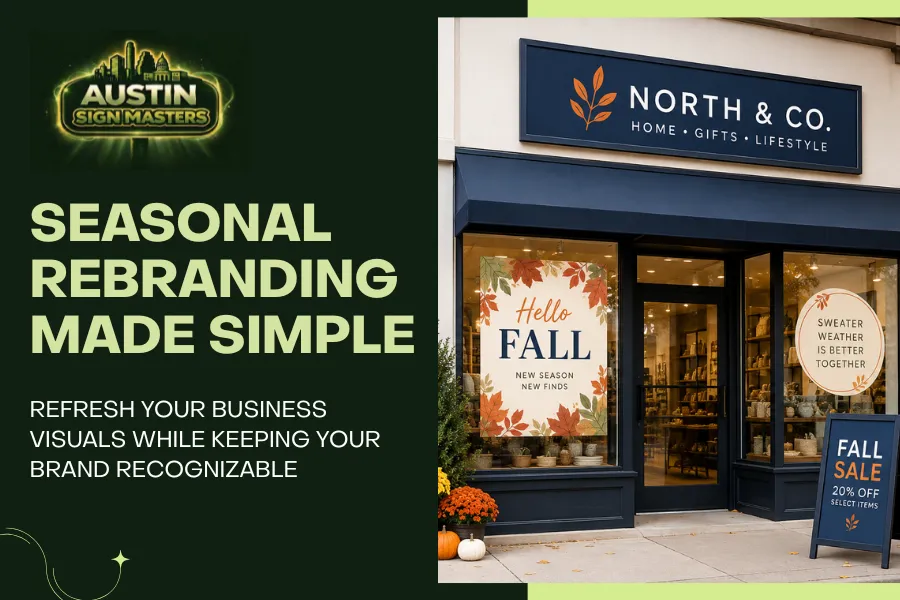 Business storefront with seasonal rebranding signage and updated promotional