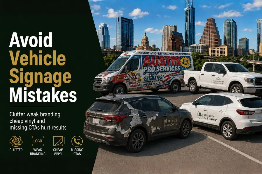 Common vehicle signage mistakes including cluttered designs and weak branding