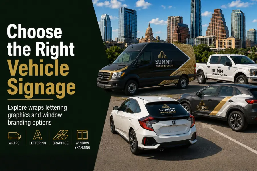 Different vehicle signage options including wraps lettering and window graphics