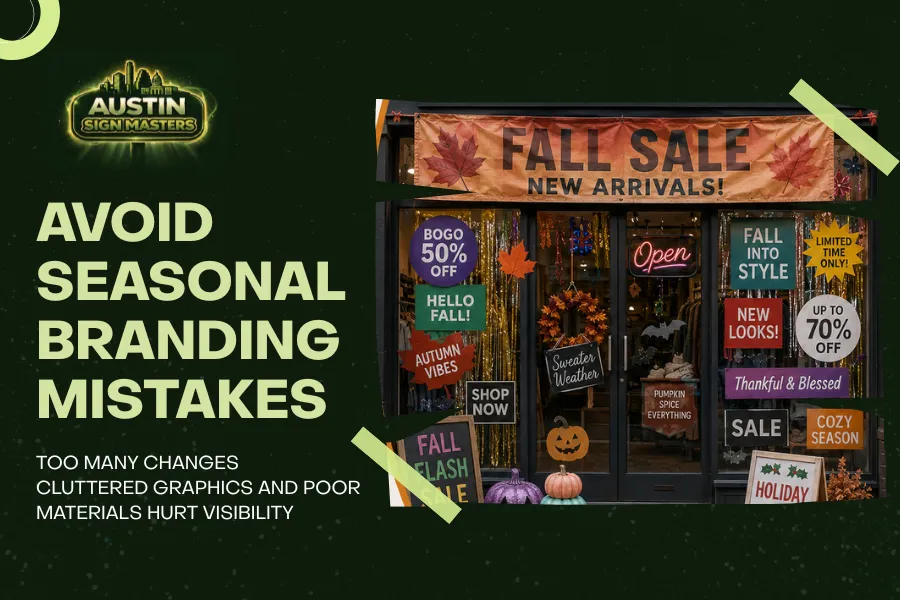 Overcrowded seasonal storefront signage with inconsistent branding elements