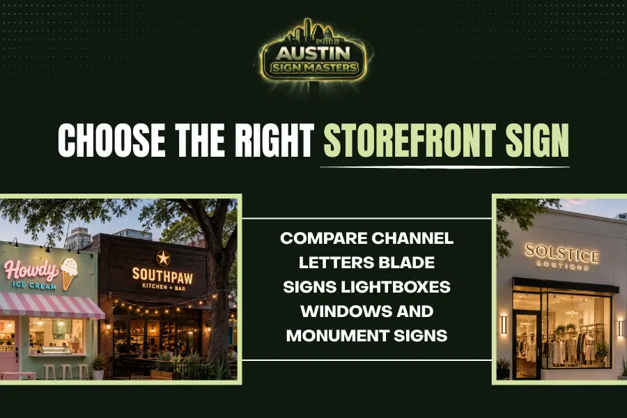 Popular storefront signs Austin TX including channel letters and monument signs