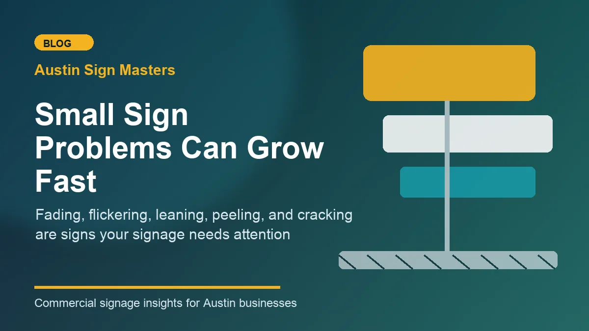 Damaged business sign in Austin showing fading, peeling vinyl, and lighting issues before repair